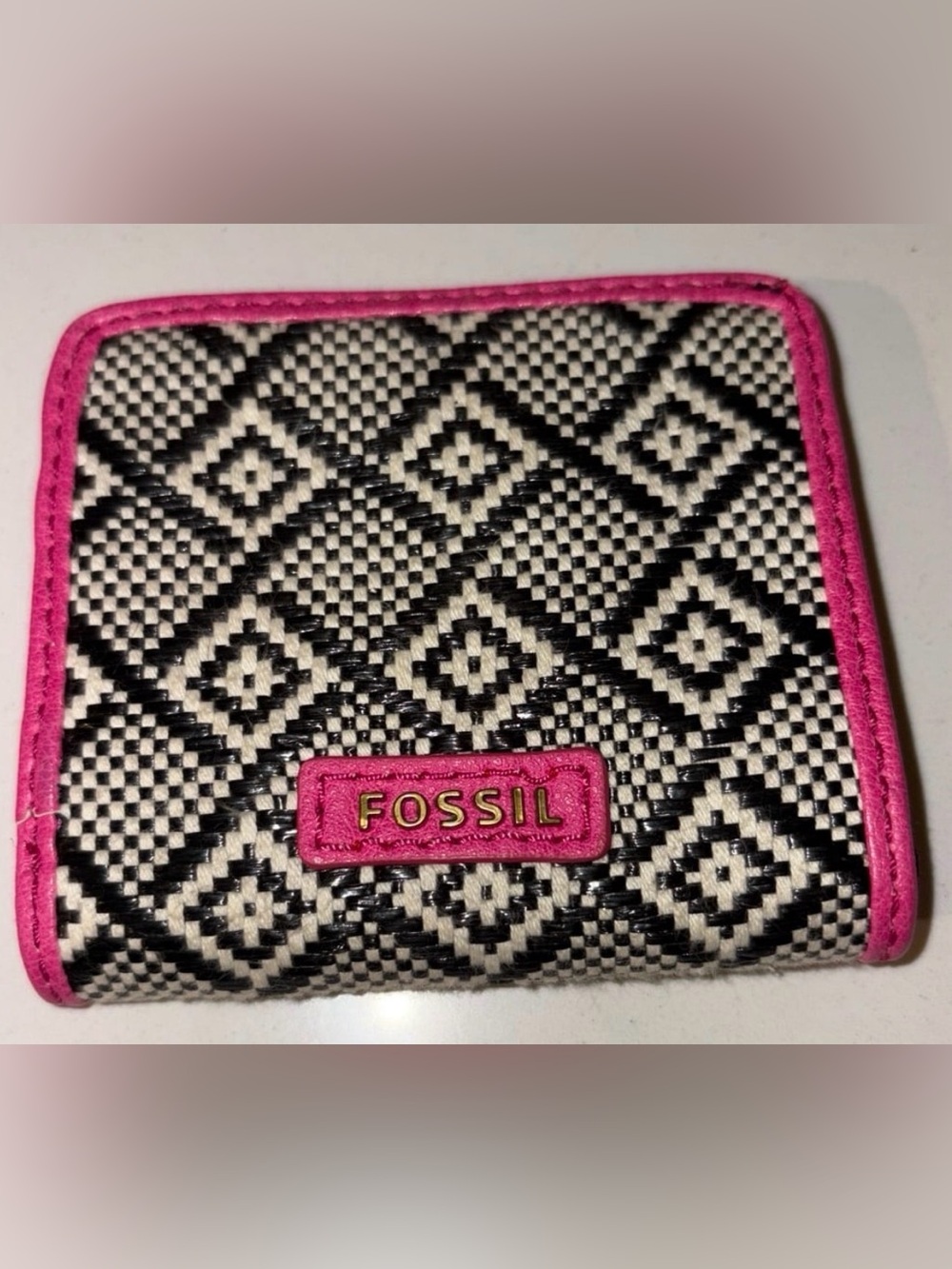 Fossil Black & White Geometric Wallet with Pink Trim